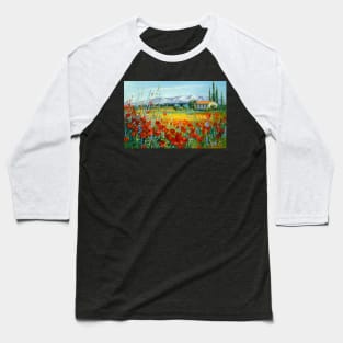 Poppy field near the mountains Baseball T-Shirt